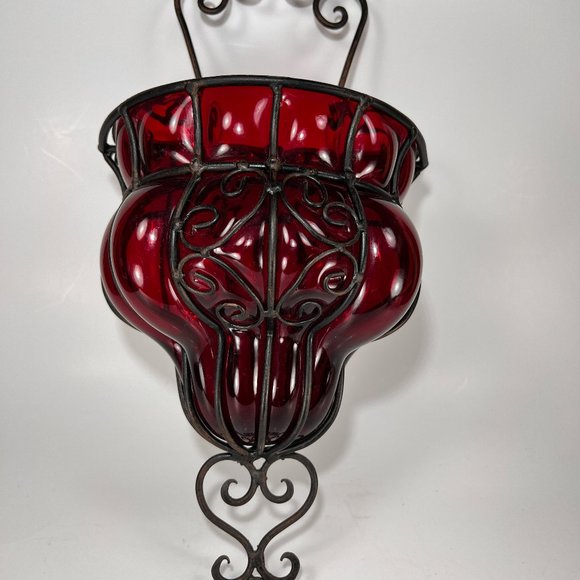 Gothic Caged Ruby Red Glass Wall Hang Planter VTG - Picture 3 of 16